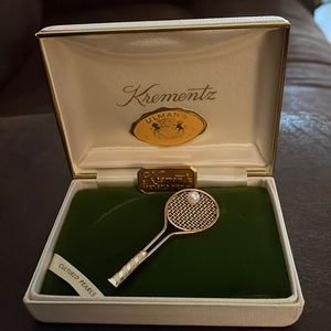 Vintage Krementz Tennis Brooch 14K gold overlay w cultured pearl - original box